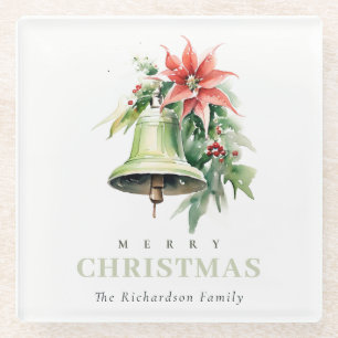 Christmas Bell Pine Poinsettia Foliage Watercolor Glass Coaster