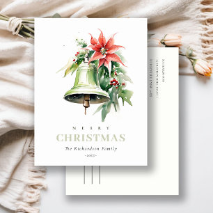 Christmas Bell Pine Poinsettia Foliage Watercolor Holiday Postcard