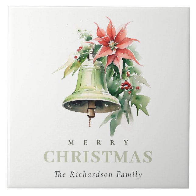 Christmas Bell Pine Poinsettia Foliage Watercolor Tile (Front)