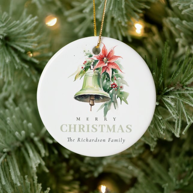 Christmas Bell Pine Poinsettia Watercolor Photo Ceramic Ornament (Tree)