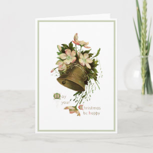 Christmas Bell Pink Floral Vintage Holiday Card