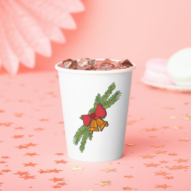 Christmas Bell Print with Pine & red bow wall art Paper Cups (Insitu)