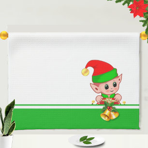 Christmas Bells and Cute Elf on Green and White Kitchen Towel