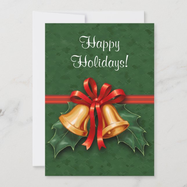 Christmas Bells and Holly Leaves Green Invitation (Front)