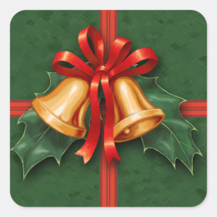 Christmas Bells and Holly Leaves Green Square Sticker