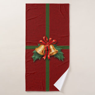 Christmas Bells and Holly Leaves Red Bath Towel Set