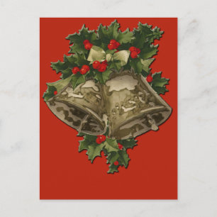 Christmas Bells and Holly on Scarlet Background Holiday Postcard