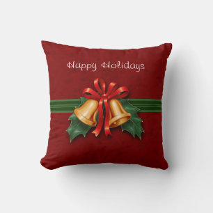 Christmas Bells and Holly Red Throw Pillow