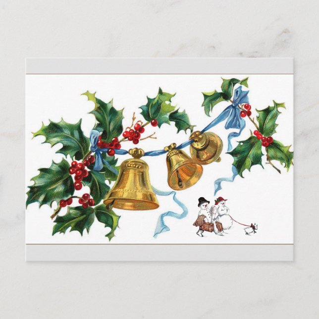 Christmas Bells And Snow Man Holiday Postcard (Front)