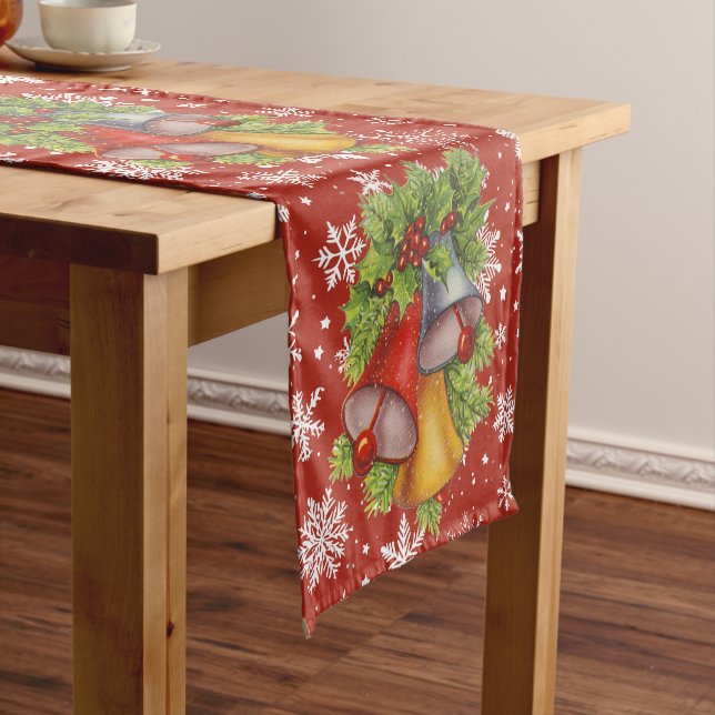 Christmas Bells and Snowflakes Red Short Table Runner (In Situ)