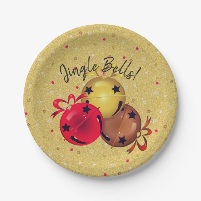 Christmas Bells Bows Snowflakes Holiday Paper Plate (Front)