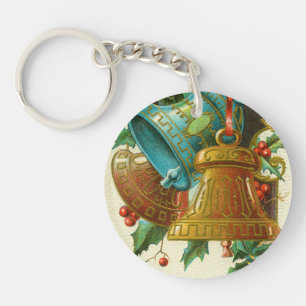 Christmas Bells, Festive Vintage Greeting Card Keychain