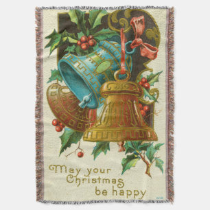 Christmas Bells, Festive Vintage Greeting Card Throw Blanket