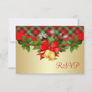 Christmas bells, holly and tartan pattern RSVP Card