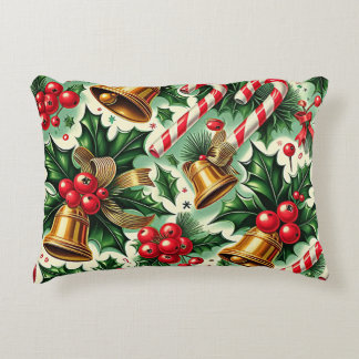 Christmas Bells holly candy canes art pattern Accent Pillow