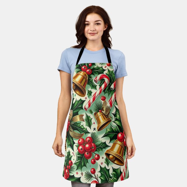 Christmas Bells holly candy canes art pattern Apron (Worn)