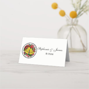 Christmas Bells Holly Red Ribbon Place Card