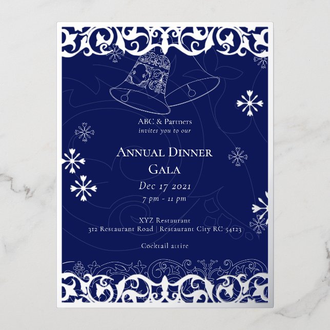 Christmas Bells Navy Blue Elegant Corporate Foil Invitation Postcard (Front)