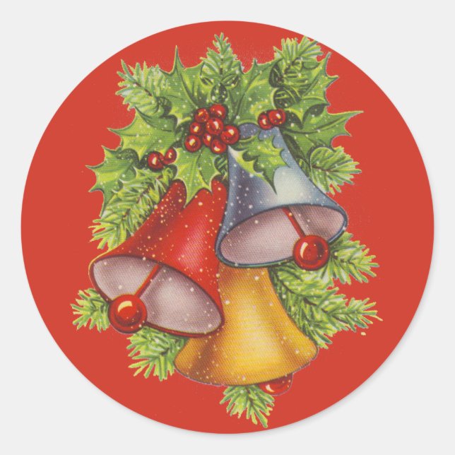 Christmas Bells on Blue Classic Round Sticker (Front)