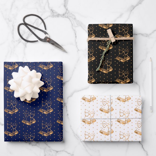 Christmas Bells on Navy Blue, Black and White Wrapping Paper Sheet (Front)