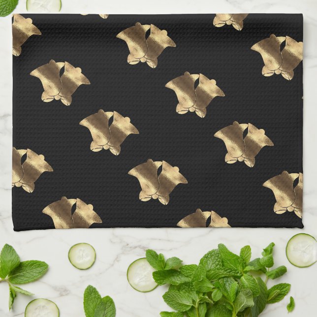 Christmas Bells Pattern Black and Gold Look Kitchen Towel (Folded)