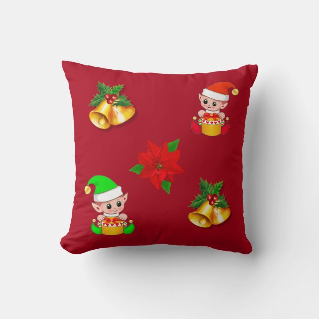 Christmas bells, poinsettia and cute elf on red throw pillow (Front)