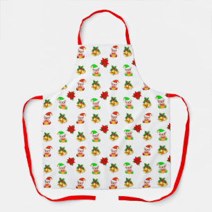 Christmas bells, poinsettia and cute elf ornament apron