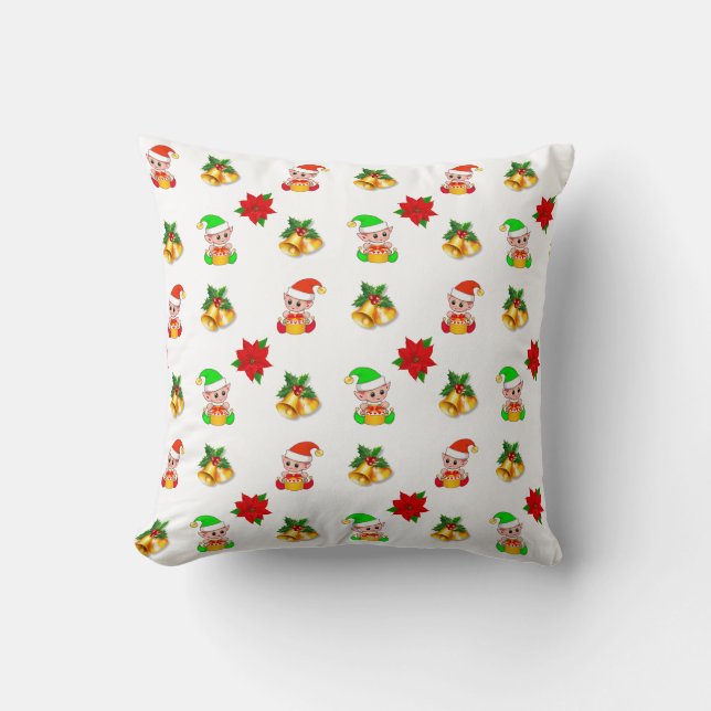 Christmas bells, poinsettia and cute elf ornament throw pillow (Front)