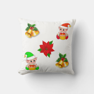 Christmas bells, poinsettia and cute elf ornament throw pillow