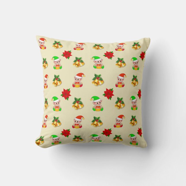 Christmas bells, poinsettia and cute elf ornament throw pillow (Front)