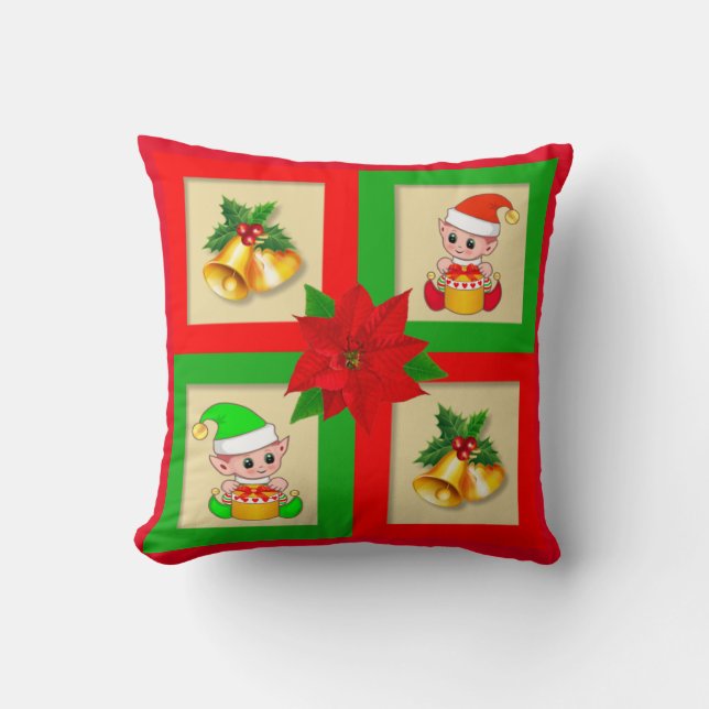 Christmas bells, poinsettia, elf on green & red throw pillow (Front)
