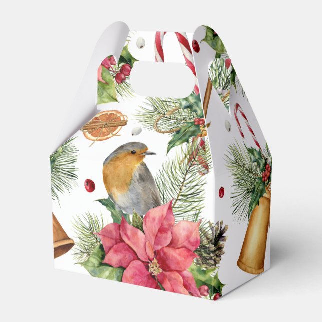 Christmas bells, poinsettia, robin, candy canes favor box (Front Side)