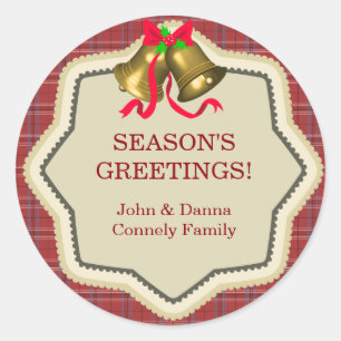 Christmas Bells Red Plaid Gift Tag Sticker