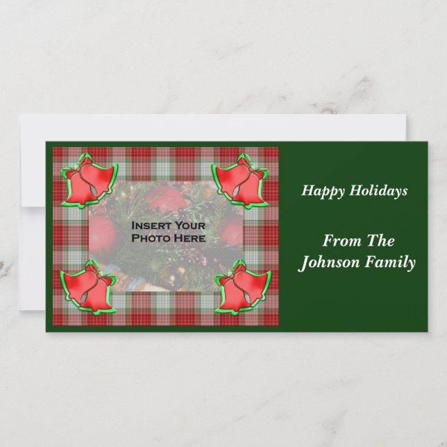 Christmas Bells Red Plaid Holiday Photo Card (Front)