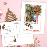 Christmas Bells, Ribbon, Holly & Birds at Window Postcard<br><div class="desc">Two plump robins perched on a snowy window ledge with Christmas bells and holly tied with a red ribbon and Christmas greeting. Back features complementary graphics and editable text fields.</div>