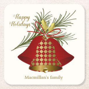 Christmas bells.tartan pattern, pine square paper coaster