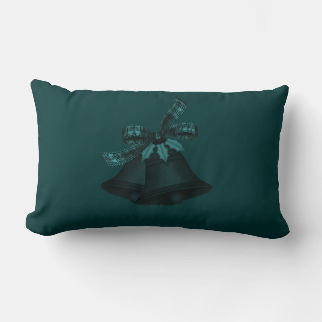 "Christmas Bells" Teal Green/Plaid Lumbar Pillow (Front)