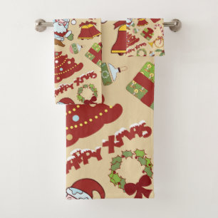 Christmas bells,tree and santa claus bath towel set