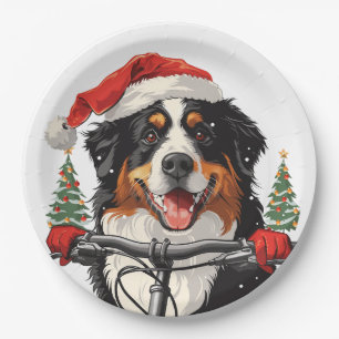 Christmas Bernese Mountain Dog Biking Paper Plate