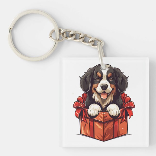 Christmas Bernese Mountain Dog Gift Box Keychain (Front)
