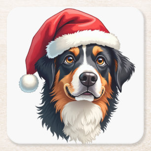 Christmas Bernese Mountain Dog in Santa Hat Square Paper Coaster