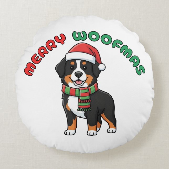 Christmas Bernese Mountain Dog: Merry Woofmas Round Pillow (Front)