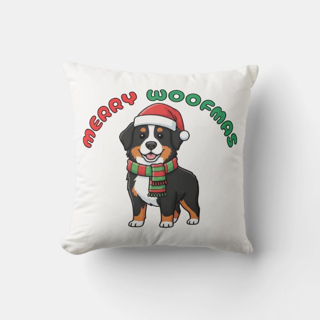 Christmas Bernese Mountain Dog Pillow: Merry Woofm Throw Pillow (Front)