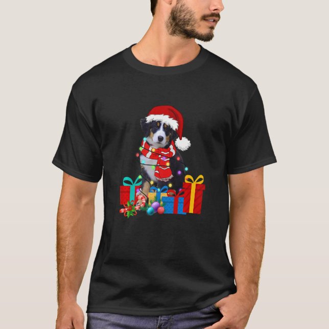 Christmas Bernese Mountain Dog Xmas Lights Santa H T-Shirt (Front)