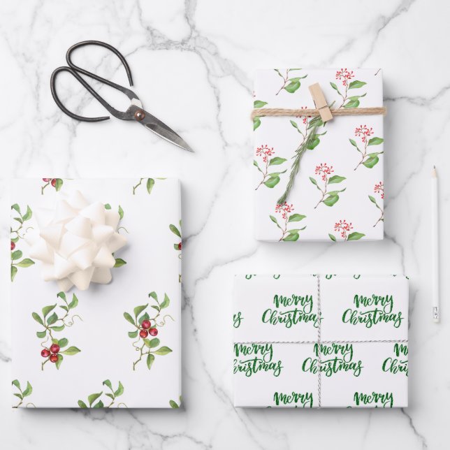 Christmas Berries and Foliage Assorted Gift Wrap (Front)