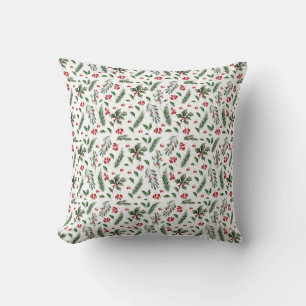Christmas Berries and Green Leaves Pattern Wrappin Throw Pillow
