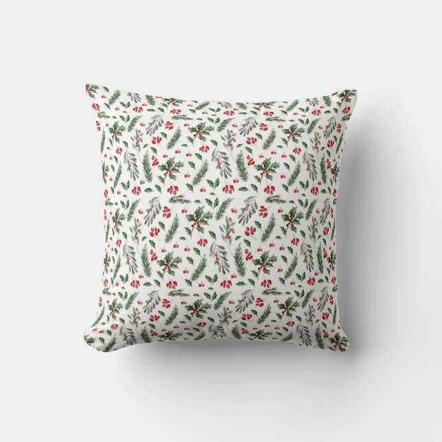 Christmas Berries and Green Leaves Pattern Wrappin Throw Pillow (Front)