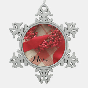 Christmas berries and wreath on plaid snowflake pewter christmas ornament