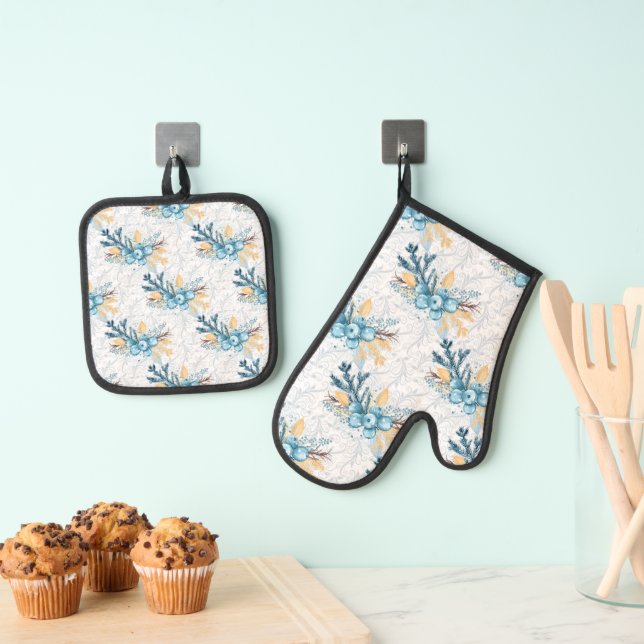 Christmas Berries Blue Yellow Oven Mitt & Pot Holder Set (Insitu(Hanging))
