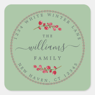 Christmas Berries Green Family Return Address Square Sticker